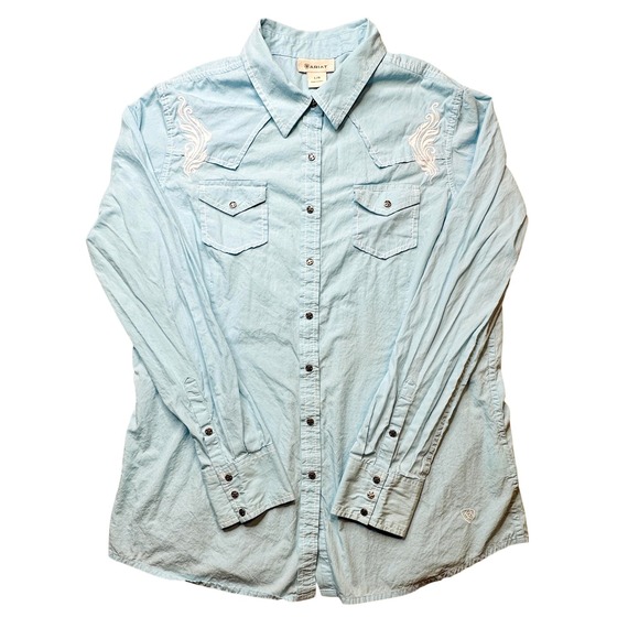 Ariat Western Shirt Womens Large Light Blue Snap Front Embroidered Long Sleeve
